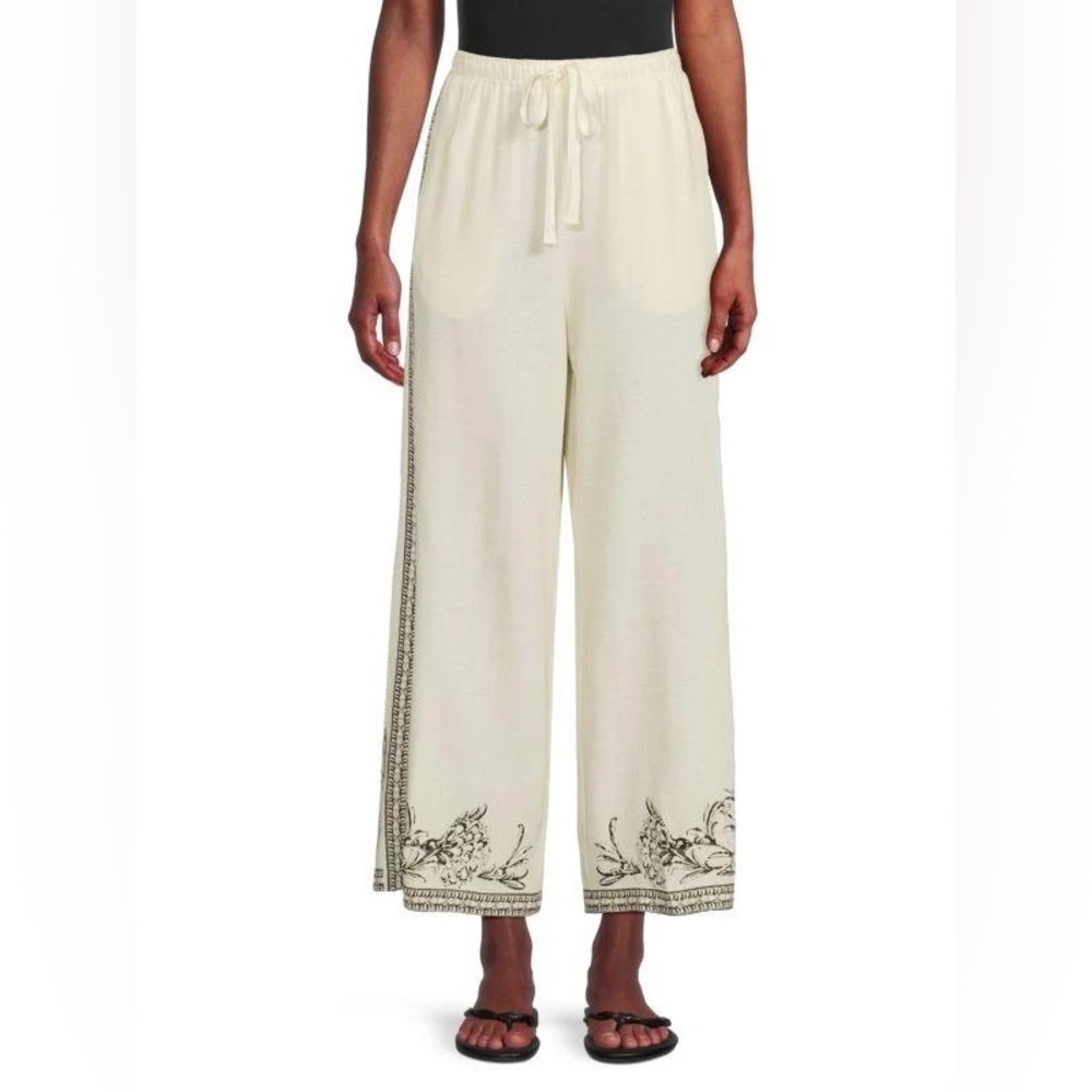 Max Studio Print Drawstring Linen Wide-Leg Pants Ivory and Black Small